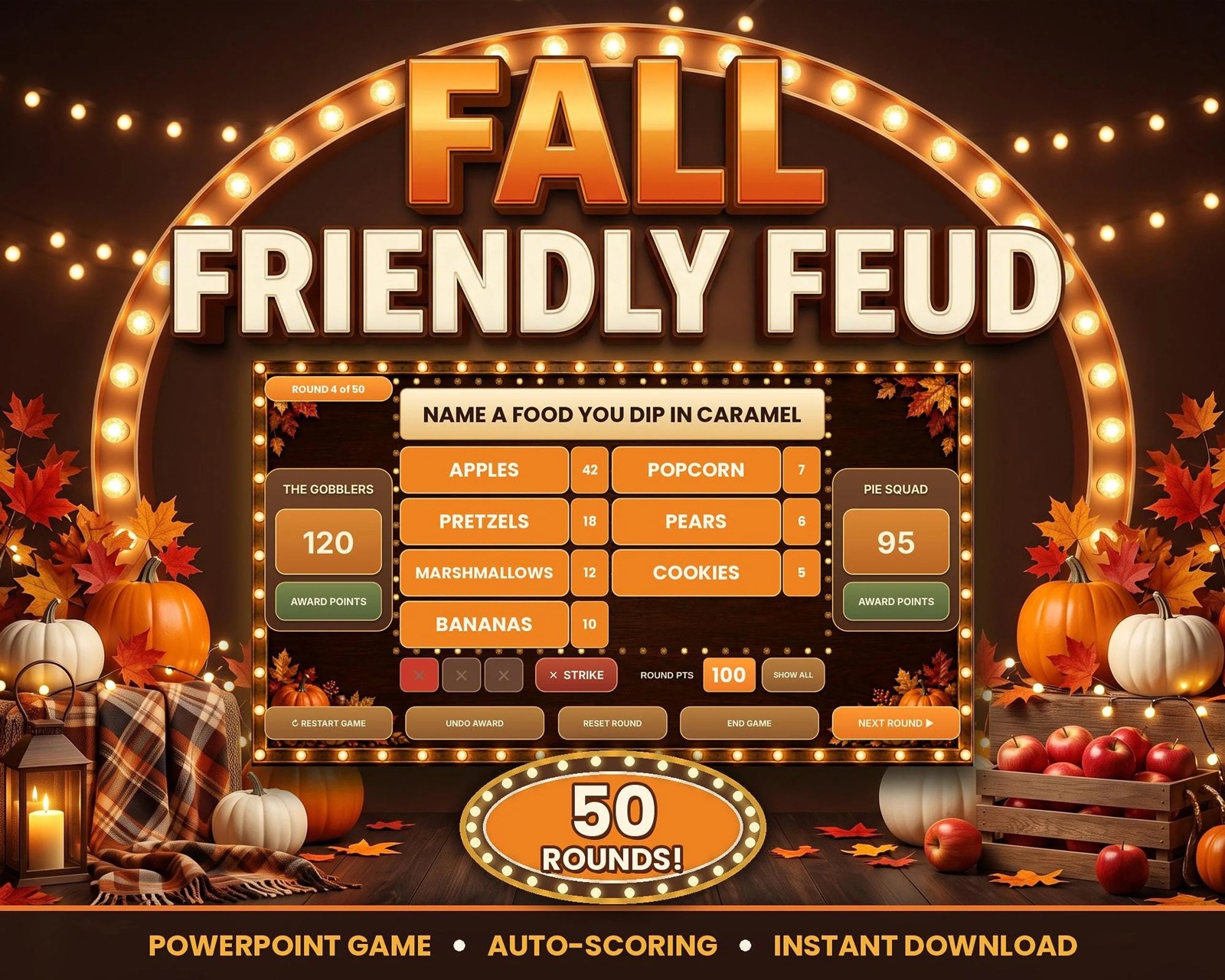 Fall Friendly Feud party game with an autumn game-show board